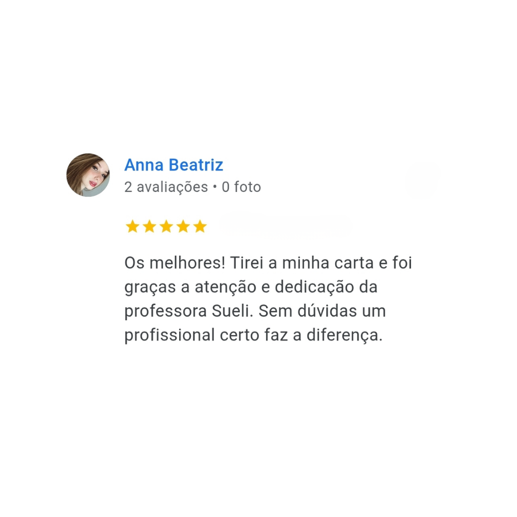 Print de avaliação do Google de Anna Beatriz elogiando a professora Sueli